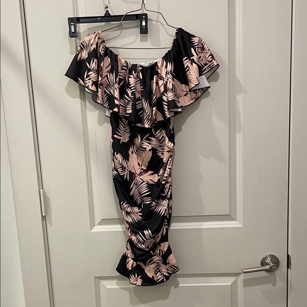 SHEIN One Shoulder Black and Pink Leaf Dress